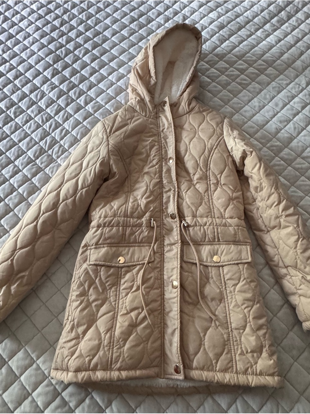 Beige Quilted Hooded Coat with Sherpa Lining
